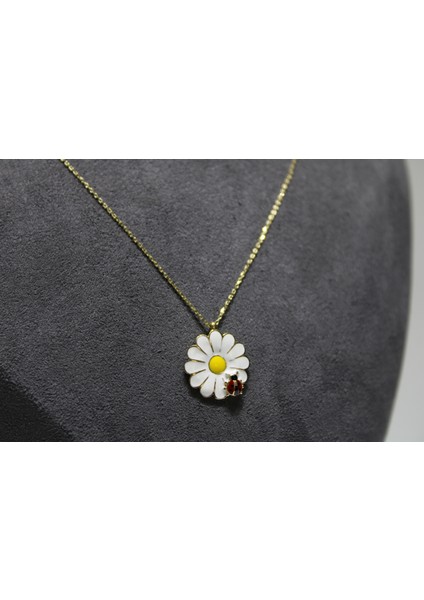 14 Ayar Gerçek Altın Uğurböcekli Papatya Model Kolye modelleri