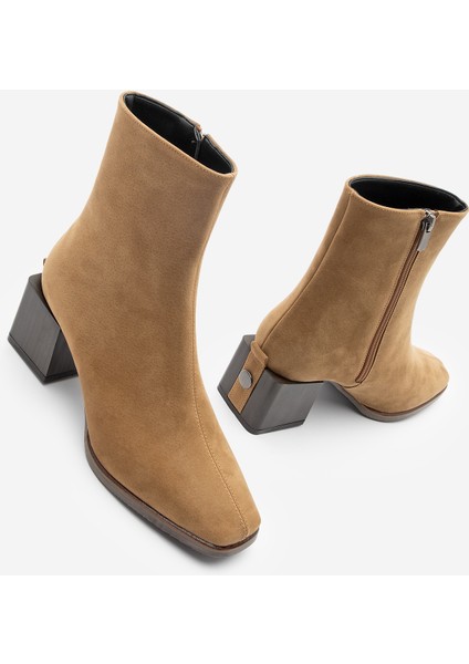 Kadın Topuklu Bot&Bootie Küt Burun Ahşap Desen Ökçe Fermuarlı Günlük Klasik Bot Noyes Taba Süet