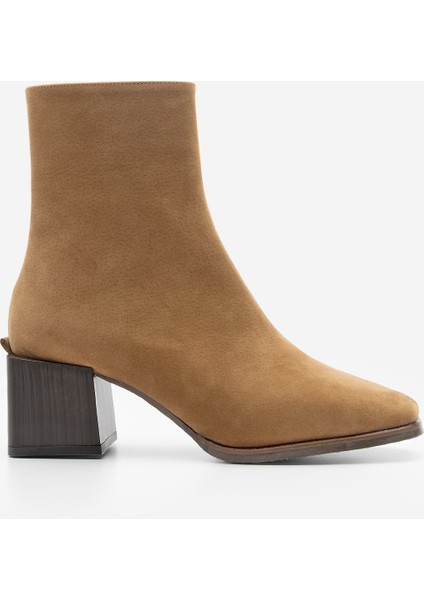 Kadın Topuklu Bot&Bootie Küt Burun Ahşap Desen Ökçe Fermuarlı Günlük Klasik Bot Noyes Taba Süet modelleri