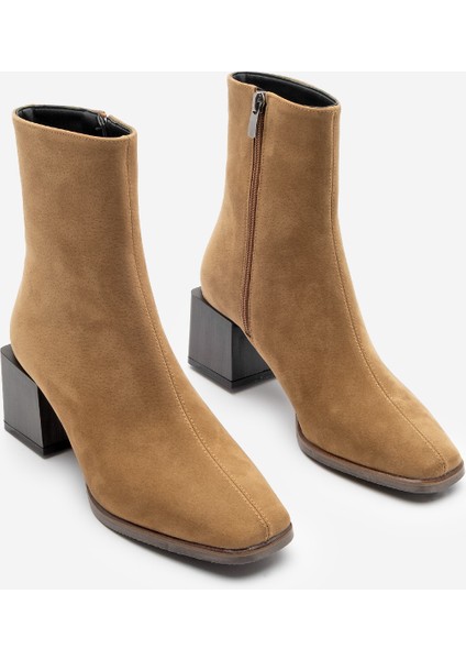 Kadın Topuklu Bot&Bootie Küt Burun Ahşap Desen Ökçe Fermuarlı Günlük Klasik Bot Noyes Taba Süet indirimleri