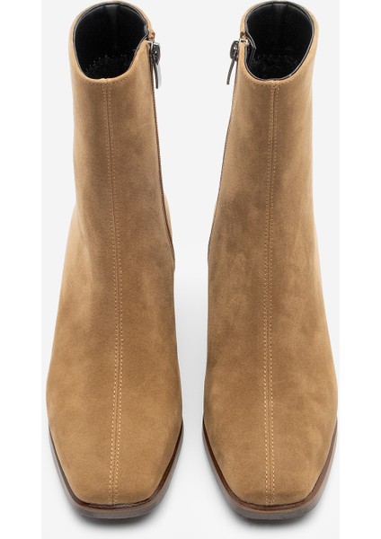 Kadın Topuklu Bot&Bootie Küt Burun Ahşap Desen Ökçe Fermuarlı Günlük Klasik Bot Noyes Taba Süet