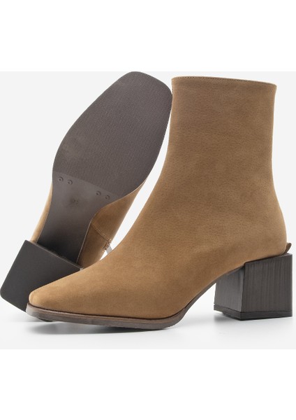 Kadın Topuklu Bot&Bootie Küt Burun Ahşap Desen Ökçe Fermuarlı Günlük Klasik Bot Noyes Taba Süet
