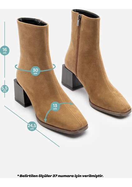 Kadın Topuklu Bot&Bootie Küt Burun Ahşap Desen Ökçe Fermuarlı Günlük Klasik Bot Noyes Taba Süet