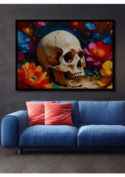 Çerçeve Görünümlü Çiçekler Arasında Kafatası Yağlı Boya Görünümlü Ofis Dekoratif Ahşap Kare Tablo