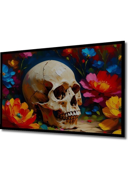 Çerçeve Görünümlü Çiçekler Arasında Kafatası Yağlı Boya Görünümlü Ofis Dekoratif Ahşap Kare Tablo fiyatları