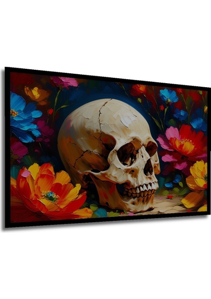 Çerçeve Görünümlü Çiçekler Arasında Kafatası Yağlı Boya Görünümlü Ofis Dekoratif Ahşap Kare Tablo modelleri