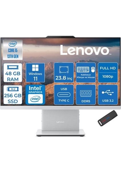 Ideacentre Aıo 24IRH9 Intel Core I5 13420H 48GB Ddr5 256GB SSD Windows 11 Home UHD Graphics 23.8" Fullhd (1920X1080) IPS 100Hz 99% Srgb All In One Bilgisayar F0HN0053TRH21 + Zetta Flash Bellek