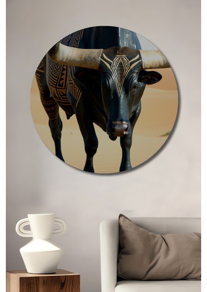 Efsanevi Boğa Yağlı Boya Görünümlü Dekoratif Ahşap Ev/işyeri/ofis Yuvarlak Tablo