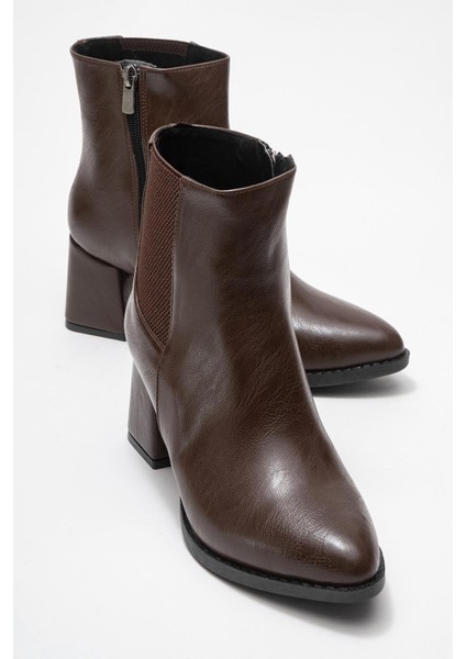 Kadın Sade Lastikli Sivri Burunlu Topuklu Bot Kahve Cilt