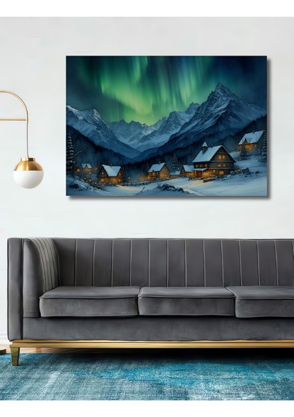 Kış Masalı Kuzey Işıkları Yağlı Boya Görünümlü Dekoratif Ahşap Ev/işyeri/ofis Kare Tablo