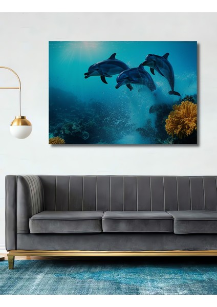 Denizaltı Dünyası Yunuslar Yağlı Boya Görünümlü Dekoratif Ahşap Ev/işyeri/ofis Kare Tablo