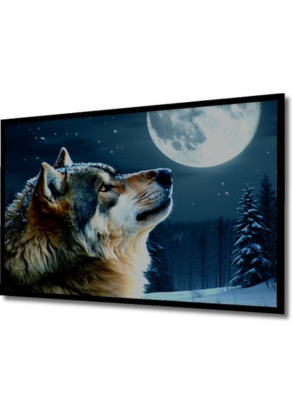 Çerçeve Görünümlü Dolunayda Uluyan Kurt Yağlı Boya Görünümlü Dekoratif Ahşap Işyeri/ofis Kare Tablo fiyatları