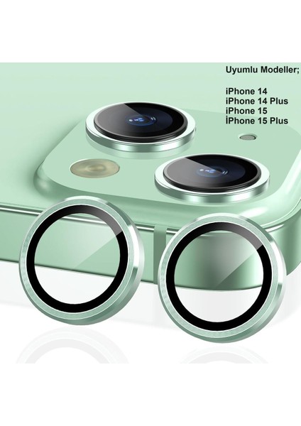 (Kaliteyi Bozmaz) iPhone 14 / 14 Plus / 15 / 15 Plus Uyumlu Kamera Koruyucu Lens Mercek Yeşil Metal Çerçeveli
