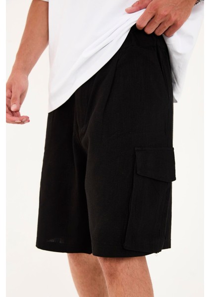 R-4428 Fermuar Detaylı Lastikli Keten Şort indirimleri