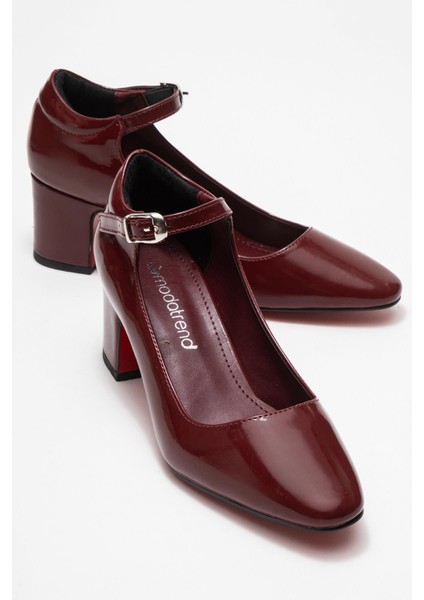 Kadın Biyeli Topuklu Ayakkabı Bordo Rugan