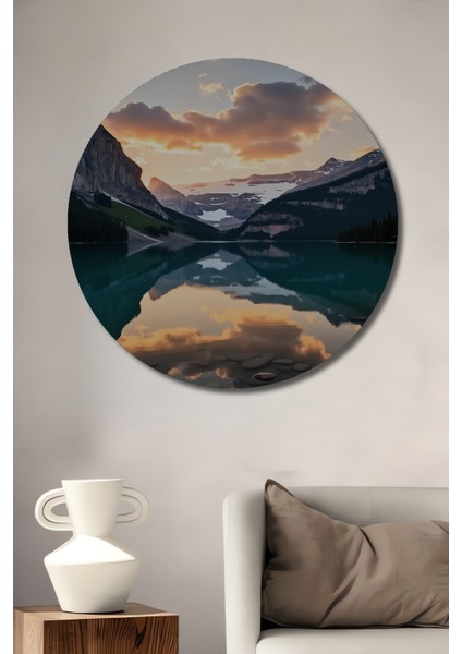 Dağların Aşkı Göl Manzarası Yağlı Boya Görünümlü Dekoratif Ahşap Ev/işyeri/ofis Yuvarlak Tablo