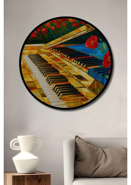 Çerçeve Görünümlü Altın Sarısı Piyano ve Gelincik Yağlı Boya Görünümlü Ahşap Ofis Yuvarlak Tablo