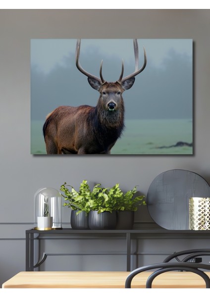 Heybetli Geyik Yağlı Boya Görünümlü Dekoratif Ahşap Ev/işyeri/ofis Kare Tablo
