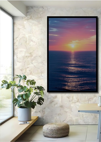 Çerçeve Görünümlü Pembe Gün Batımı Yağlı Boya Görünümlü Dekoratif Ahşap Ev/işyeri/ofis Kare Tablo
