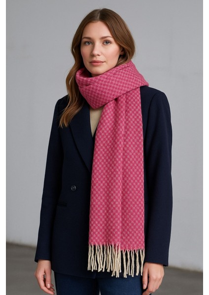 Desenli Pembe Akrilik Kadın Kışlık Atkı Püsküllü Şal