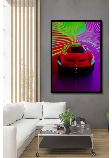 Çerçeve Görünümlü Neon Işıklar Altında Kırmızı Süper Araba Modern Sanat Ofis Ahşap Kare Tablo