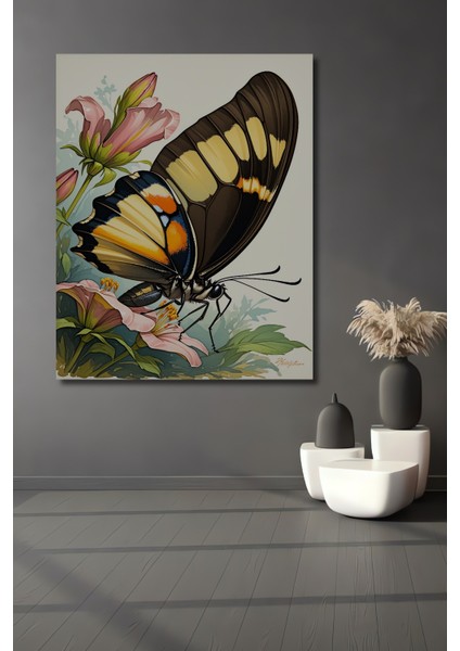 Pembe Zambaklı Kelebek Sulu Boya Görünümlü Dekoratif Ahşap Ev/işyeri/ofis Kare Tablo