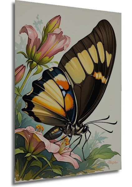 Pembe Zambaklı Kelebek Sulu Boya Görünümlü Dekoratif Ahşap Ev/işyeri/ofis Kare Tablo modelleri