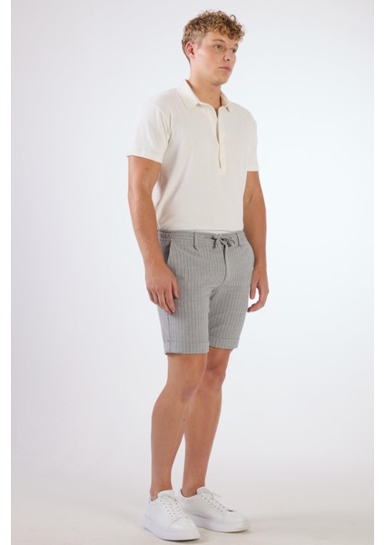 Gri Erkek Slim Fit Çizgili Casual Short - 104668