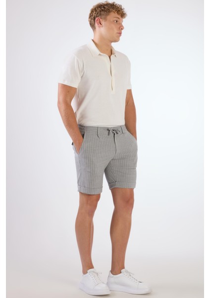 Gri Erkek Slim Fit Çizgili Casual Short - 104668
