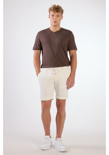 Ekru Erkek Slim Fit Çizgili Casual Short - 104661
