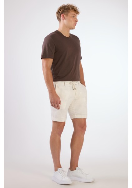 Ekru Erkek Slim Fit Çizgili Casual Short - 104661