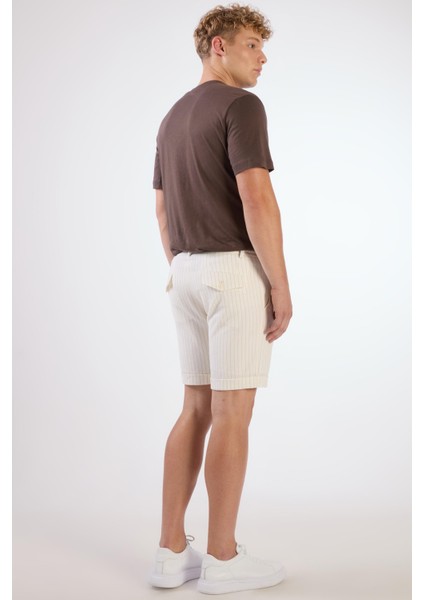Ekru Erkek Slim Fit Çizgili Casual Short - 104661