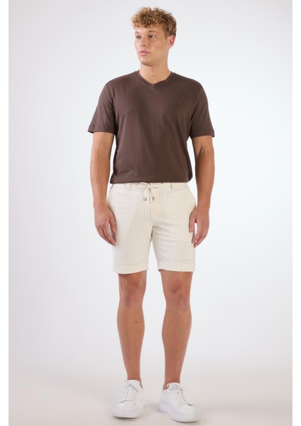 Ekru Erkek Slim Fit Çizgili Casual Short - 104661