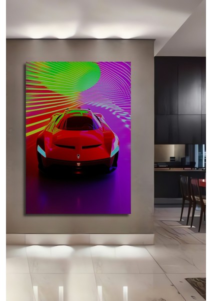 Neon Işıklar Altında Kırmızı Süper Araba Modern Sanat Ev/işyeri/ofis Dekoratif Ahşap Kare Tablo