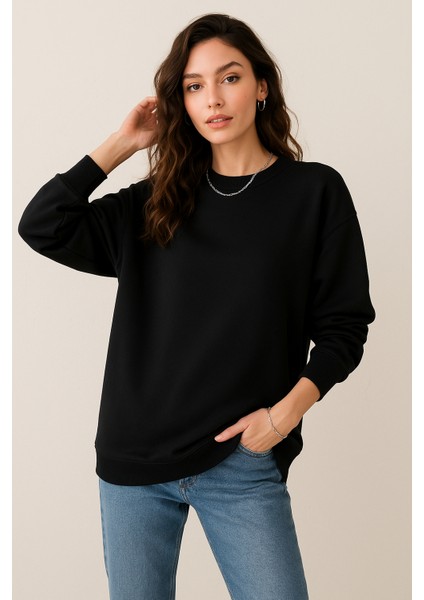 Kadın Siyah Bisiklet Yaka Oversize Sweatshirt