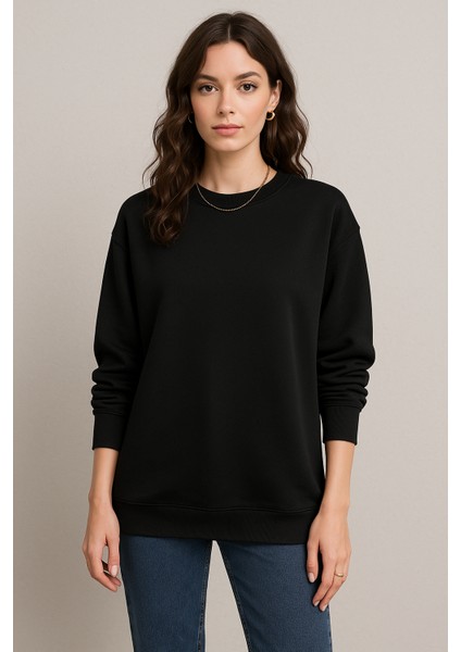 Kadın Siyah Bisiklet Yaka Oversize Sweatshirt fiyatları
