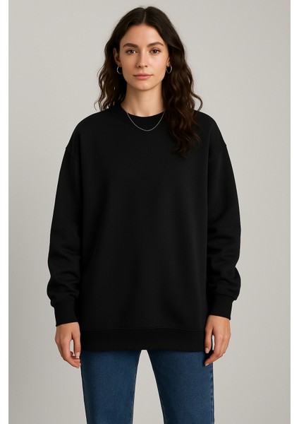 Kadın Siyah Bisiklet Yaka Oversize Sweatshirt fırsatları