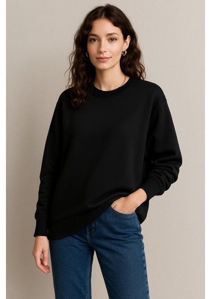 Kadın Siyah Bisiklet Yaka Oversize Sweatshirt indirimleri