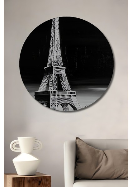 Siyah Beyaz Yağlı Boya Görünümlü Eyfel Kulesi Sanat Ev/işyeri/ofis Dekoratif Ahşap Yuvarlak Tablosu
