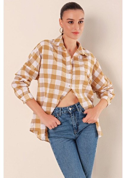 3900 Oversize Uzun Basic Gömlek - Vizon
