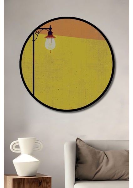 Çerçeve Görünümlü Gün Batımı Altında Nostaljik Lamba Yağlı Boya Görünümlü Ahşap Ofis Tablo