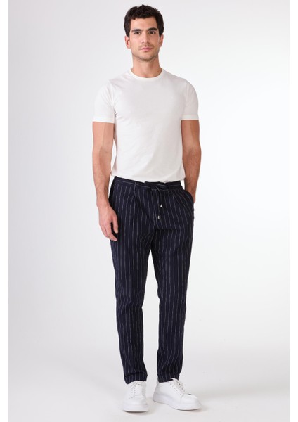 Lacivert Erkek Slim Fit Çizgili Pantolon