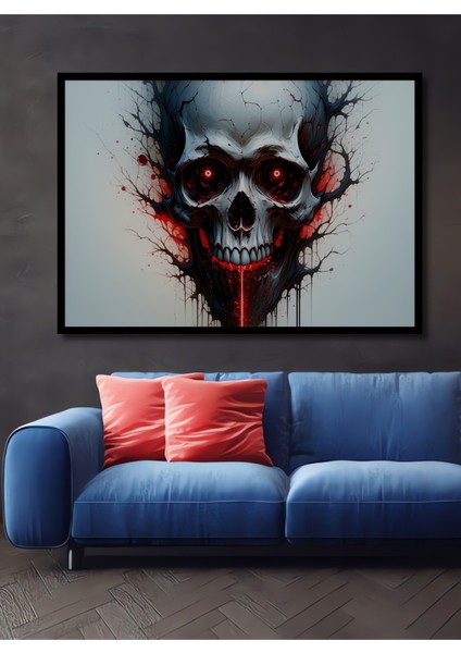 Çerçeve Görünümlü Kızıl Gözlü Kurukafa Ağaç Yağlı Boya Görünümlü Dekoratif Ahşap Ofis Kare Tablo