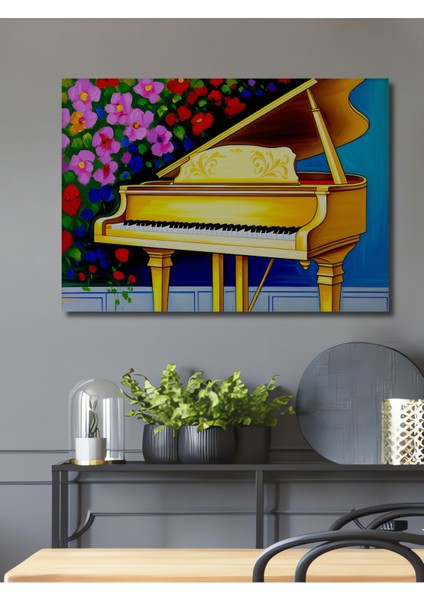 Altın Sarısı Piyano ve Çiçek Bahçesi Yağlı Boya Görünümlü Ev/işyeri/ofis Dekoratif Ahşap Kare Tablo