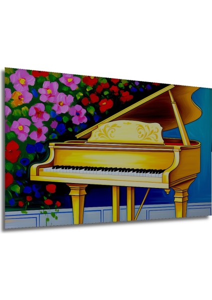 Altın Sarısı Piyano ve Çiçek Bahçesi Yağlı Boya Görünümlü Ev/işyeri/ofis Dekoratif Ahşap Kare Tablo modelleri