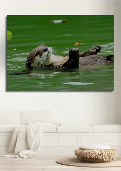 Su Samuru Keyfi Yağlı Boya Görünümlü Dekoratif Ahşap Ev/işyeri/ofis Kare Tablo