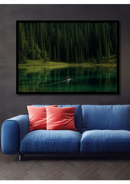Çerçeve Görünümlü Yeşil Gölün Kanosu Huzurlu Orman Manzarası Dekoratif Ahşap Işyeri/ofis Kare Tablo