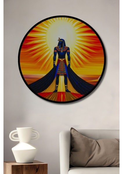 Çerçeve Görünümlü Horus ve Piramitler Yağlı Boya Görünümlü Dekoratif Ahşap Ofis Yuvarlak Tablo