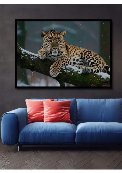 Çerçeve Görünümlü Kar Leoparı Karda Yağlı Boya Görünümlü Dekoratif Ahşap Ev/işyeri/ofis Kare Tablo