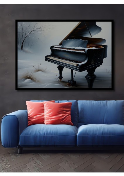Çerçeve Görünümlü Kış Masalı Piyano Yağlı Boya Görünümlü Dekoratif Ahşap Ev/işyeri/ofis Kare Tablo